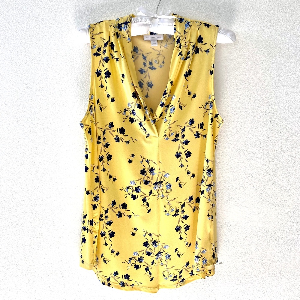 Charter Club, Yellow with Navy Floral, V-Neck top, Size Medium, NWOT